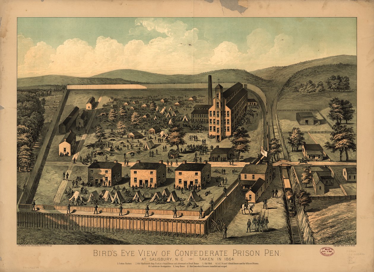Fugleperspektiv af konfødererede fængselspenne i Salisbury, N.C., taget i 1864 af C. A.; J.H. BuffordS Sons Lith Kraus