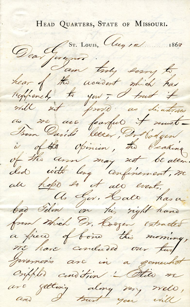 Brev signeret C.C. Bailey, Head Quarters, State of Missouri, St. Louis, til guvernør [Hamilton R. Gamble], 12. august 1863 af C. C. Bailey