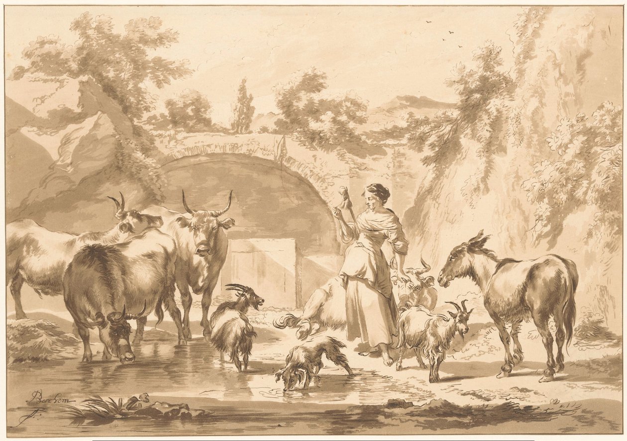 Spindende hyrdinde med flok af C. Dietrich (prentmaker) (possibly)