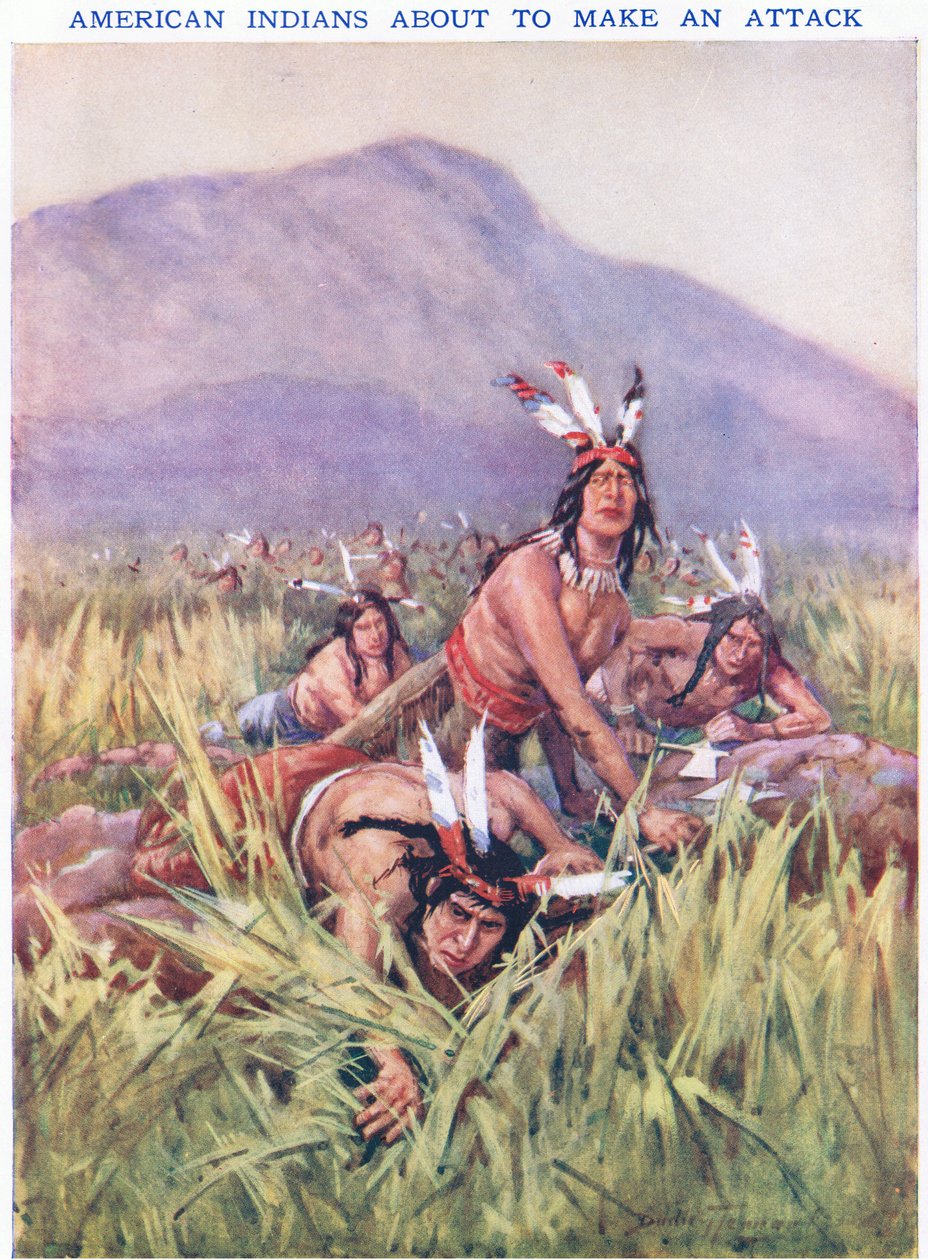 Amerikanske indianere ved at angribe (farve litho) af C. Dudley Tennant