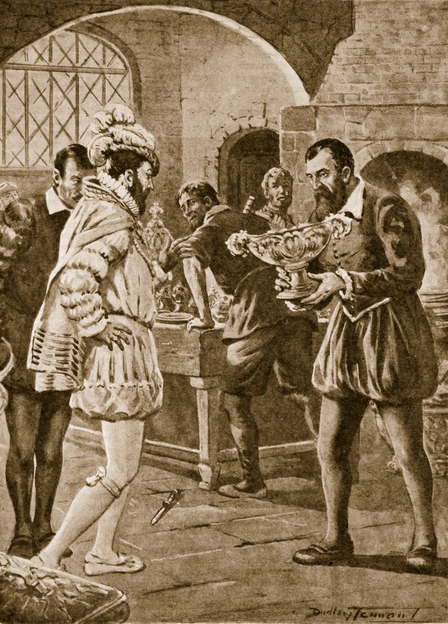 Francis I besøger Benvenuto Cellini i sit værksted (litho) af C. Dudley Tennant