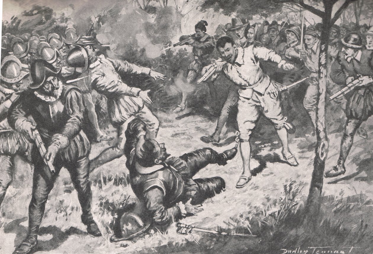 Admiralen, efterfulgt af hans parti, løb hovedkulds mod Vera Cruz Guard, illustration fra 