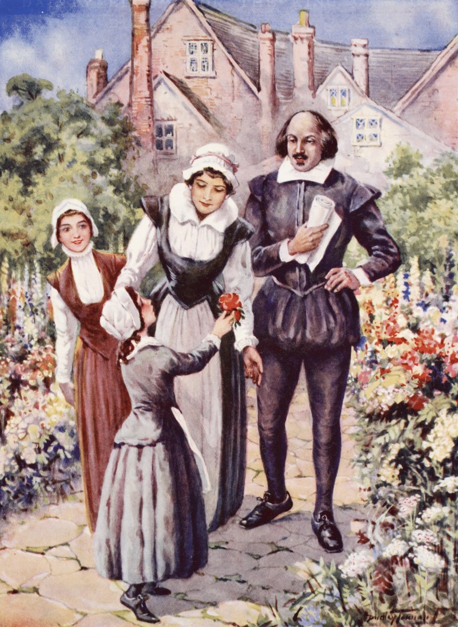 William Shakespeare, med sin kone og to døtre, i haven ved New Place, Stratford-upon-Avon (farve litho) af C. Dudley Tennant