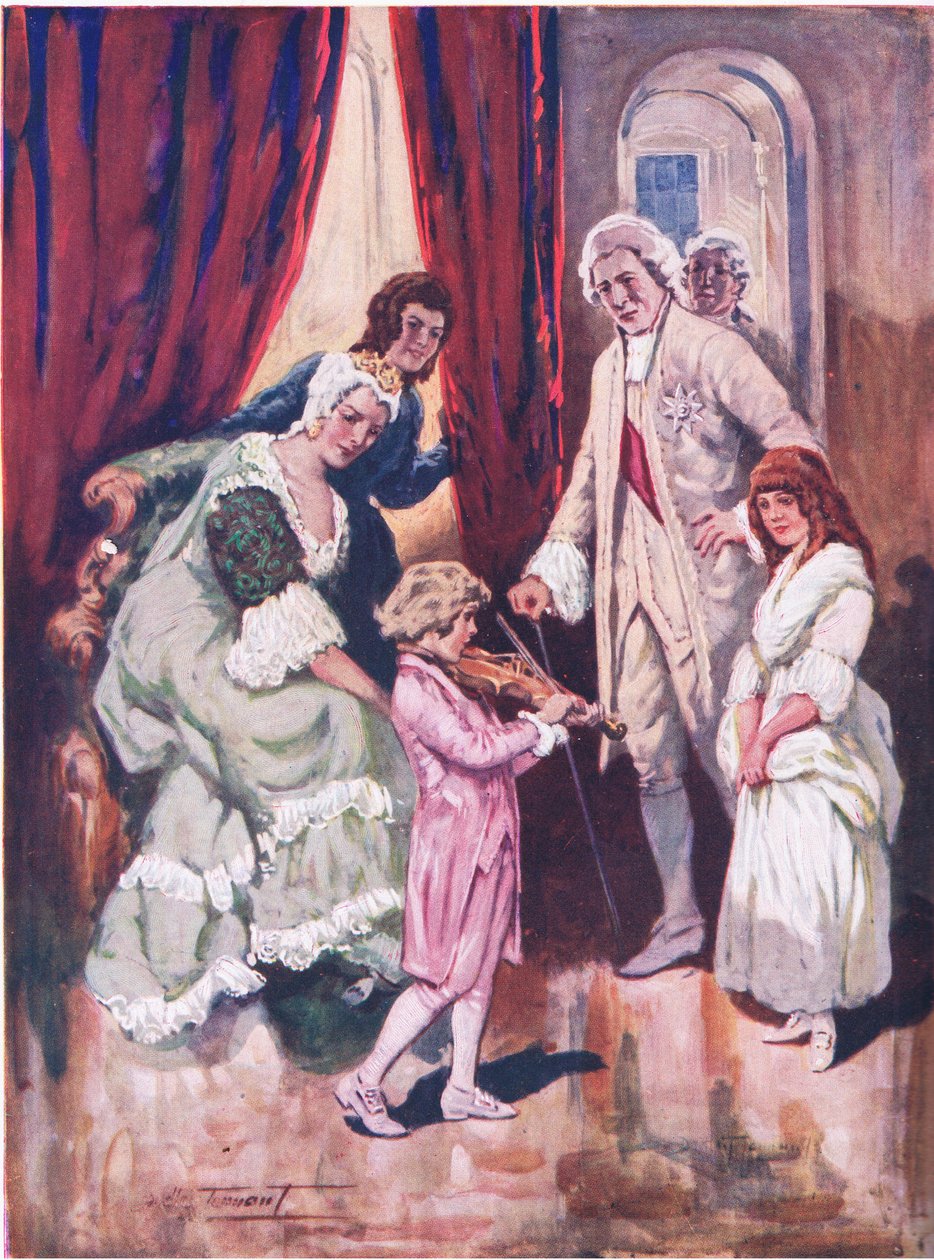 Vinder sit kongelige publikums hjerter: Mozarts første optræden i det østrigske hof (farve litho) af C. Dudley Tennant