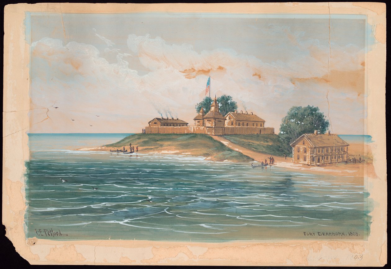 Fort Dearborn i 1803 (akvarel) af C. E. Petford