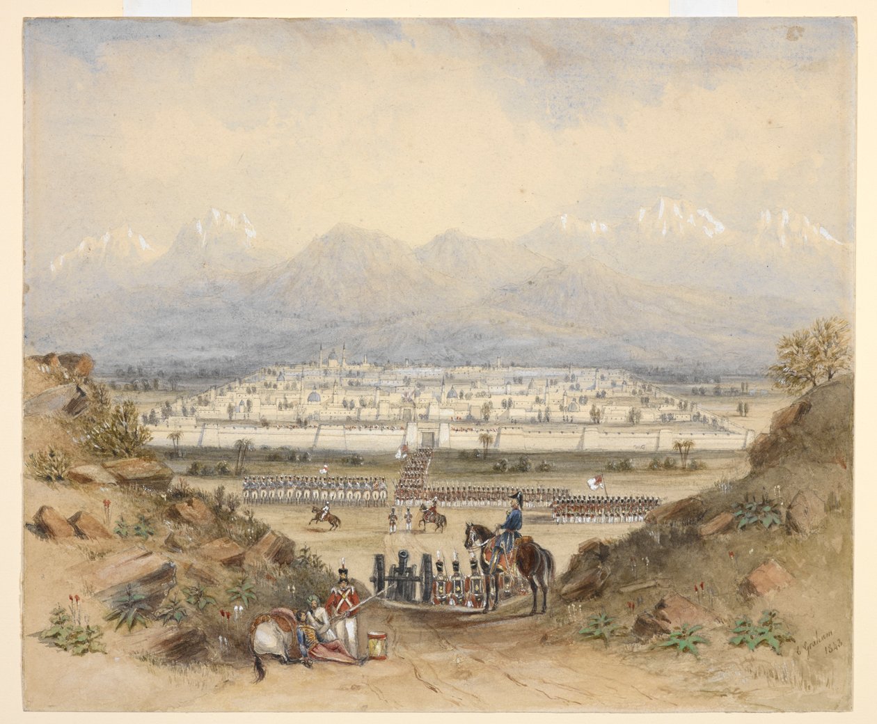 En general gennemgående kavaleri og infanteri, som er ved at gå ind i en bymuret by i et bjergrigt land, måske Kandahar (N.W.F.P.). 1843, efter en tidligere skitse. af C. Graham