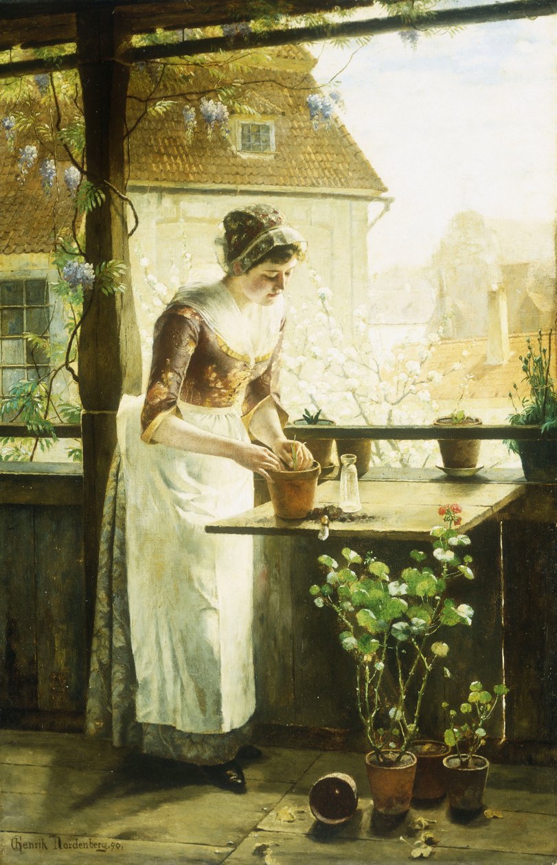 Kvinde potter blomster, 1890 af C. Hendrick Nordenberg