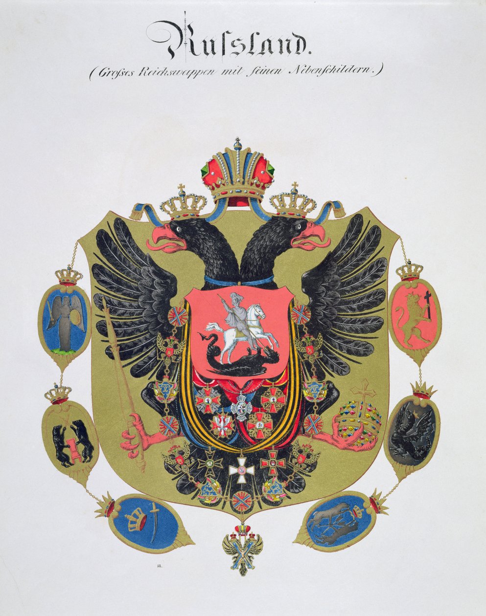 Våben og skjold fra staten Imperial Rusland, fra en samling af akvareller udgivet i Tyskland, ca. 1830-33 af C. Hildebrandt