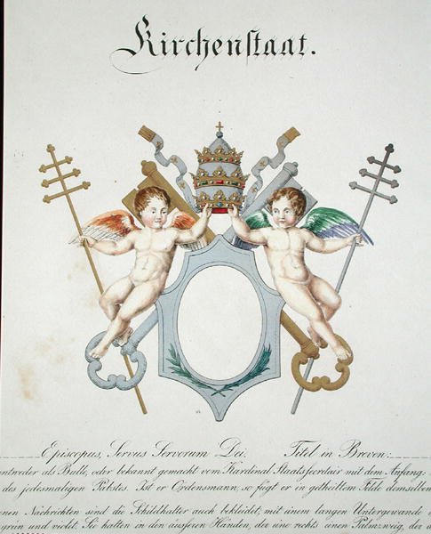 Vatikanets kirkestats våben, fra en samling af akvareller udgivet i Tyskland, ca. 1830-33 (farve litho) af C. Hildebrandt