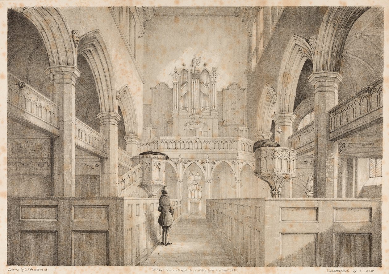 Det indre af St. Peters, Wolverhampton, indgraveret af I. Shaw, 1848 af C. J. Greenwood