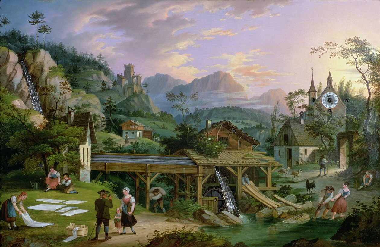 Billede Ur med scene af et alpint landsbylandskab med urmekanisme i kirketårnet, 1833 (olie på jernplade) af C. L. Hoffmeister