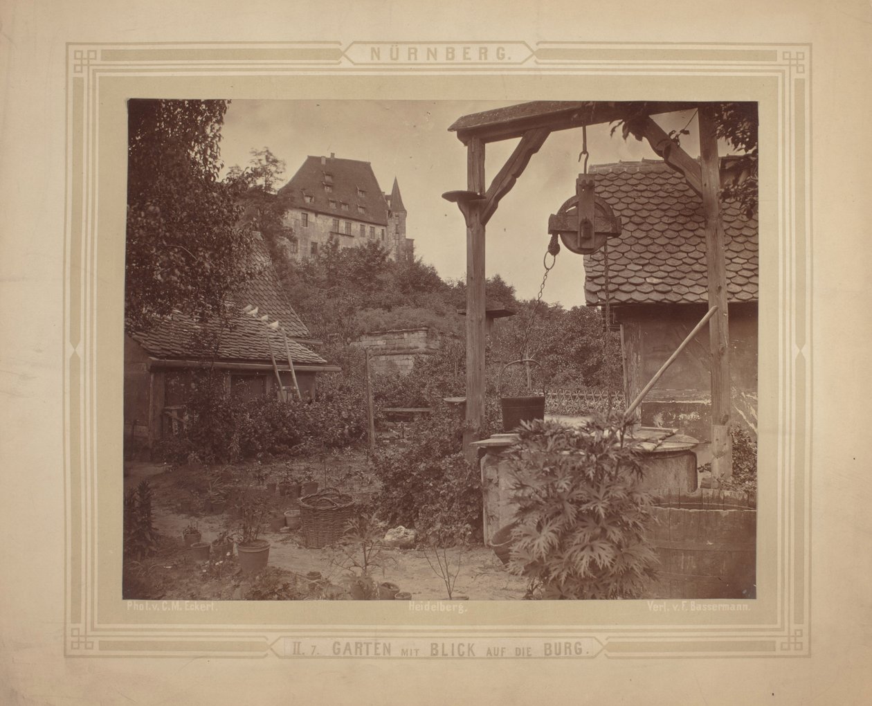Heidelberg - Udsigt over slottet fra haven, ca. 1870 (albumin print på kartonholder) af C. M. Eckert