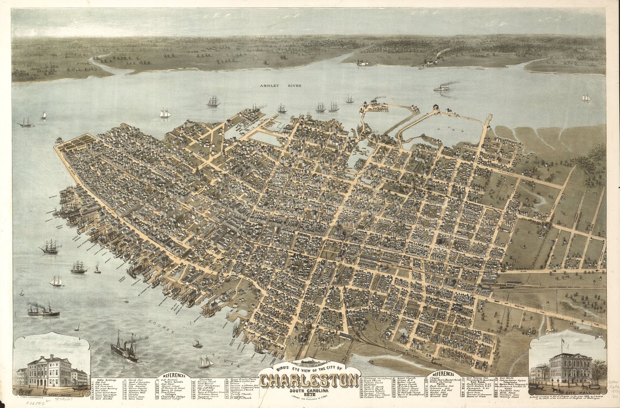 Fugleperspektiv af byen Charleston, South Carolina 1872. LOC 75696567 af C. N. Drie