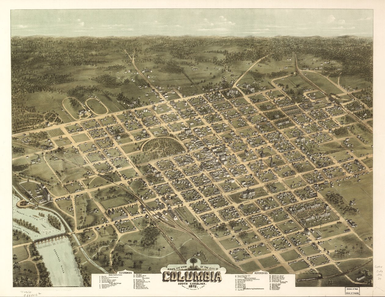 Fugleperspektiv af byen Columbia, South Carolina 1872. af C. N. Drie