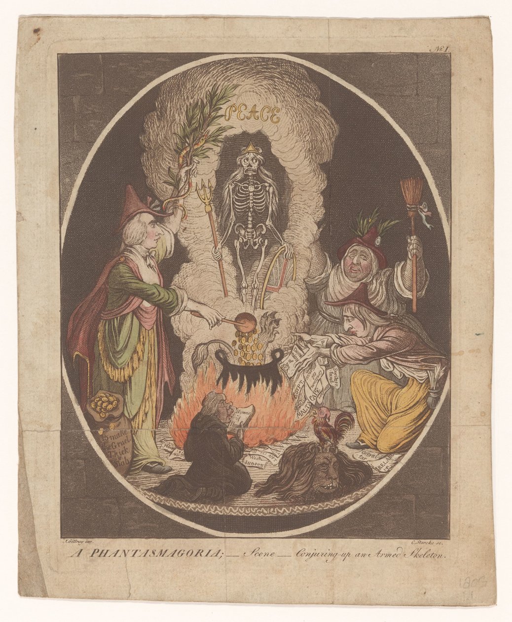 Tegnefilm om freden i Amiens, 1802 En Phantasmagoria; - Scene - Fremmaning af et bevæbnet skelet (titel på objekt) af C. Starcke