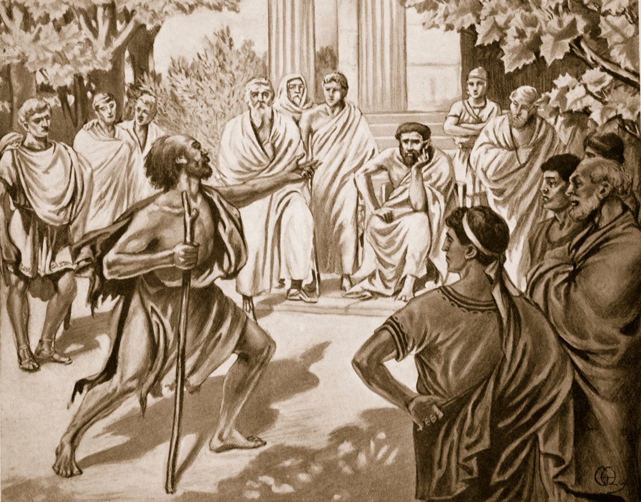 Diogenes og Platon, illustration fra Hutchinsons History of the Nations, 1915 af C. Titus