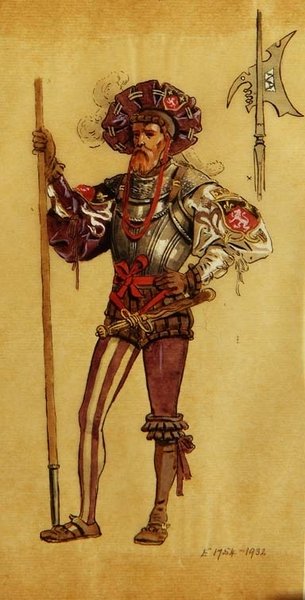 An Armoured Courtier, kostumedesign til As You Like It, produceret af R.Courtneidge på Princes Theatre, Manchester af C. Wilhelm