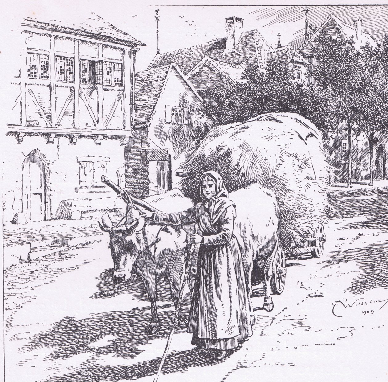 Vogne trukket af stude buldrede gennem de stille gader fra The Child of the Air pub.af Duckworth af C. Wilhelm