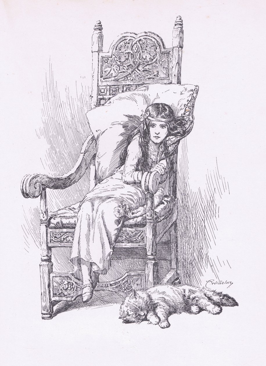 Støttet op i den store lænestol, fra The Child of the Air pub. af Duckworth af C. Wilhelm