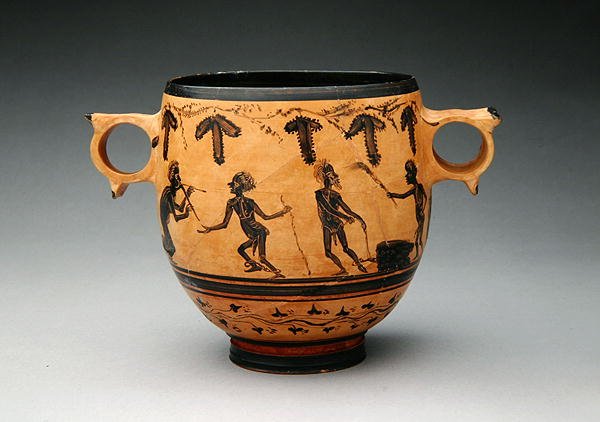 Skyphos med parodiscener, ca. 430-410 f.Kr. (keramik) (se også 288251) af Cabirian