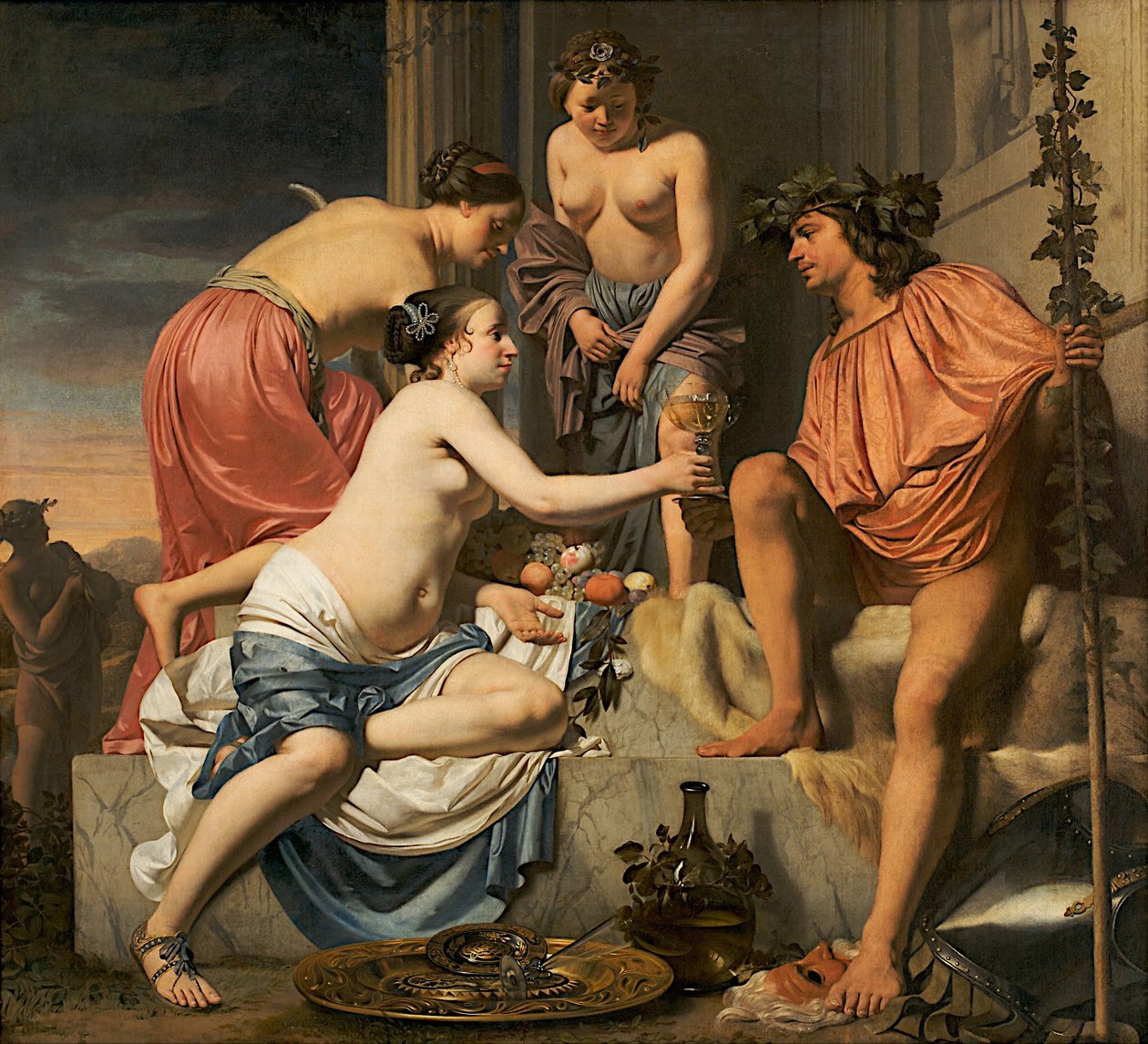 Bacchus på en trone Nymfer tilbyder Bacchus vin og frugt af Cesar Boetius van Everdingen