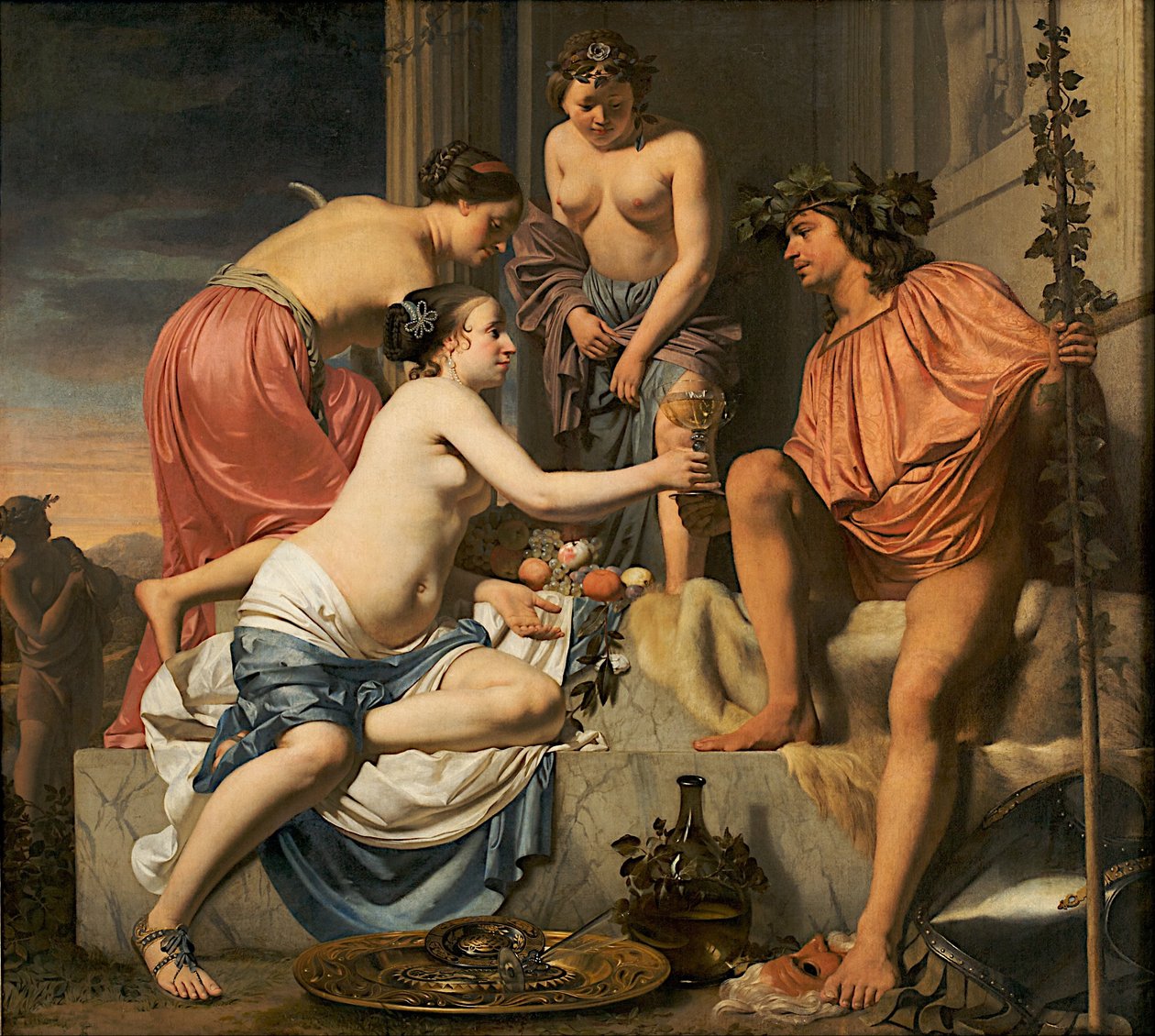 Bacchus på en trone - Nymfer, der tilbyder Bacchus vin og frugt af Caesar van Everdingen