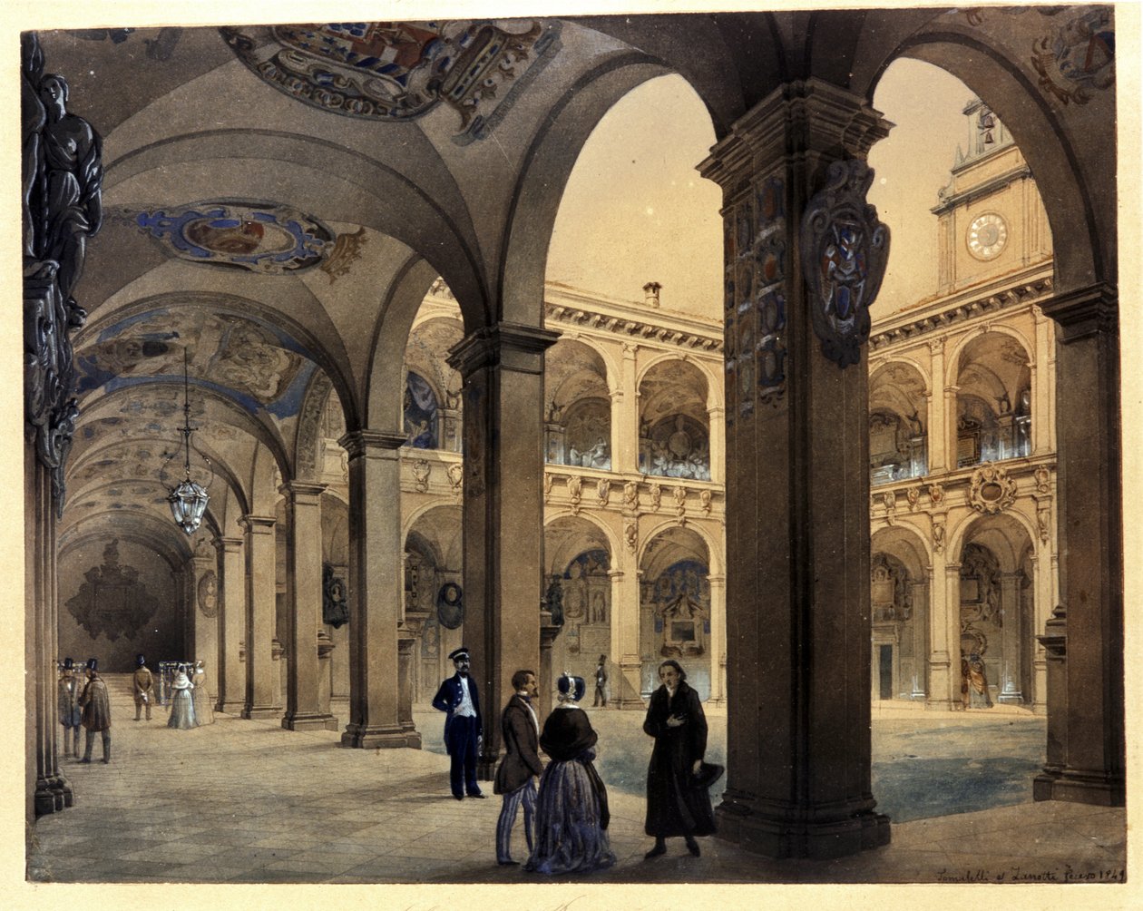 Universitetet i BOLOGNA: Archiginnasium "De nedre arkader" af Calisto & Tomaselli Contardo (1827 57) Zanotti Cavazzoni