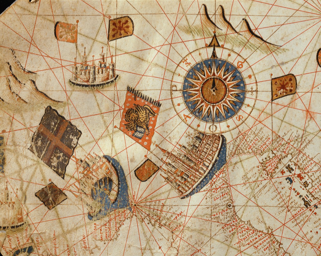 De maritime byer Genova og Venedig, fra et nautisk atlas over Middelhavet og Mellemøsten (blæk på vellum) af Calopodio da Candia
