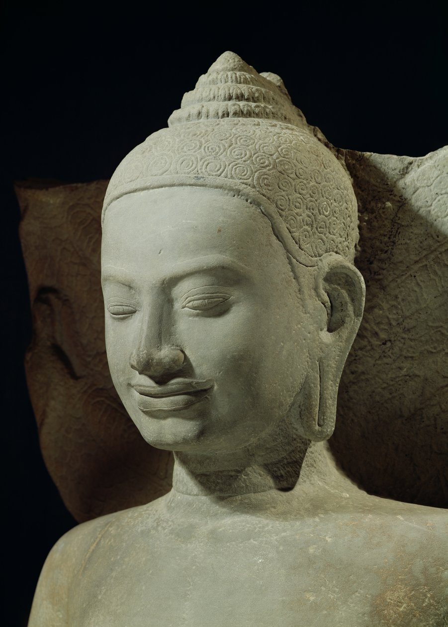Buddha i meditation over naga-kongen, Mucilinda, detalje af Buddhas hoved, fra Preah Khan, Bayon-stil, 12.-13. århundrede sandsten af Cambodian School