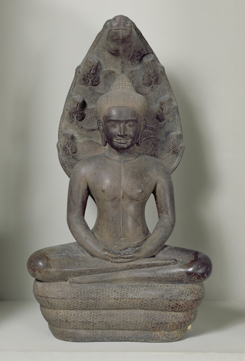 Buddha siddende i meditation på Naga, Angkor (bronze) af Cambodian School