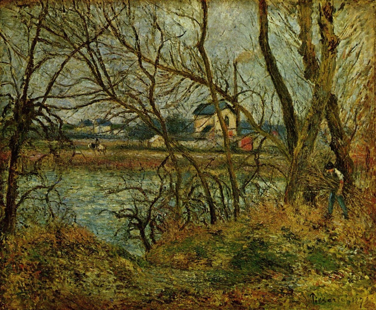 Banks of the Oise, nær Pontoise, gråt vejr af Camille Jacob Pissarro