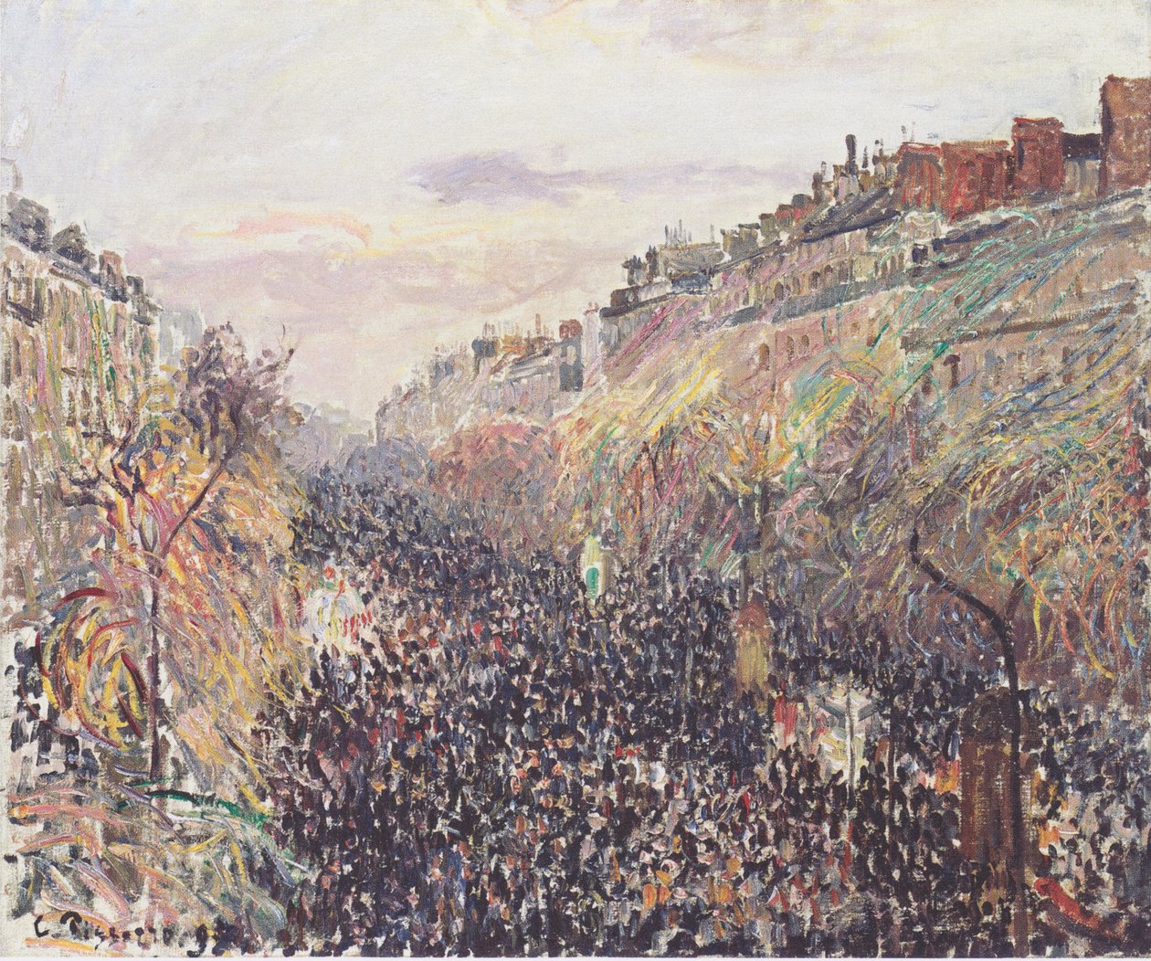 Boulevard Montmartre, fastelavn, ved solnedgang af Camille Jacob Pissarro