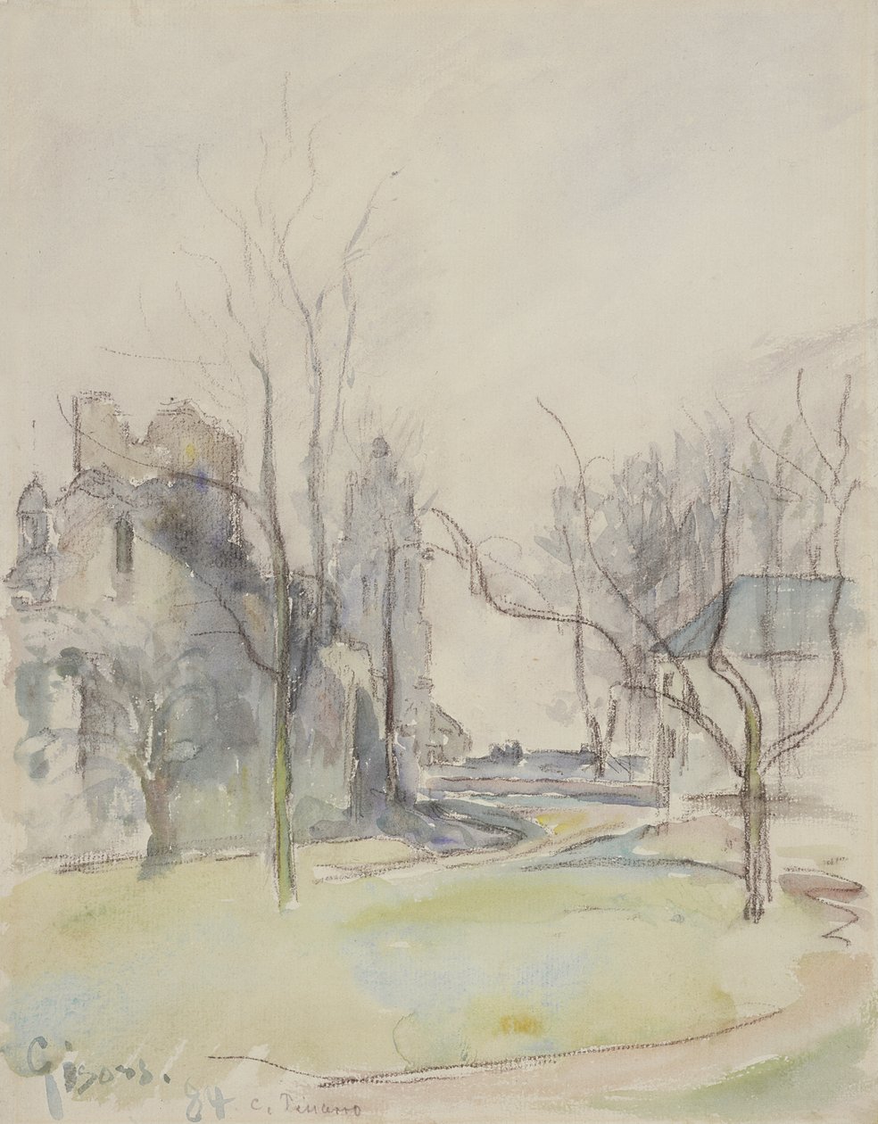 Gisors, ca. 1884 (wc over sort kridt på papir) af Camille Jacob Pissarro