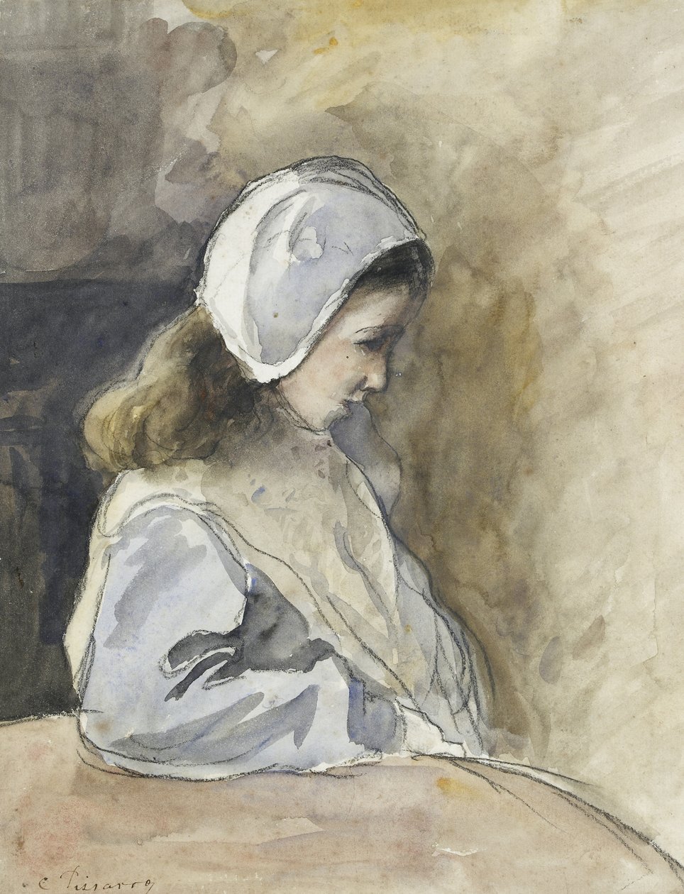 Jeanne-Rachel Pissarro siddende ved et bord, ca. 1872 (akvarel over sort kridt) af Camille Jacob Pissarro