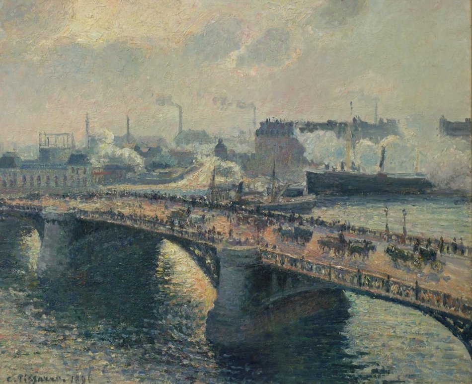 Boieldieu -broen i Rouen, solnedgang, tåget vejr af Camille Jacob Pissarro