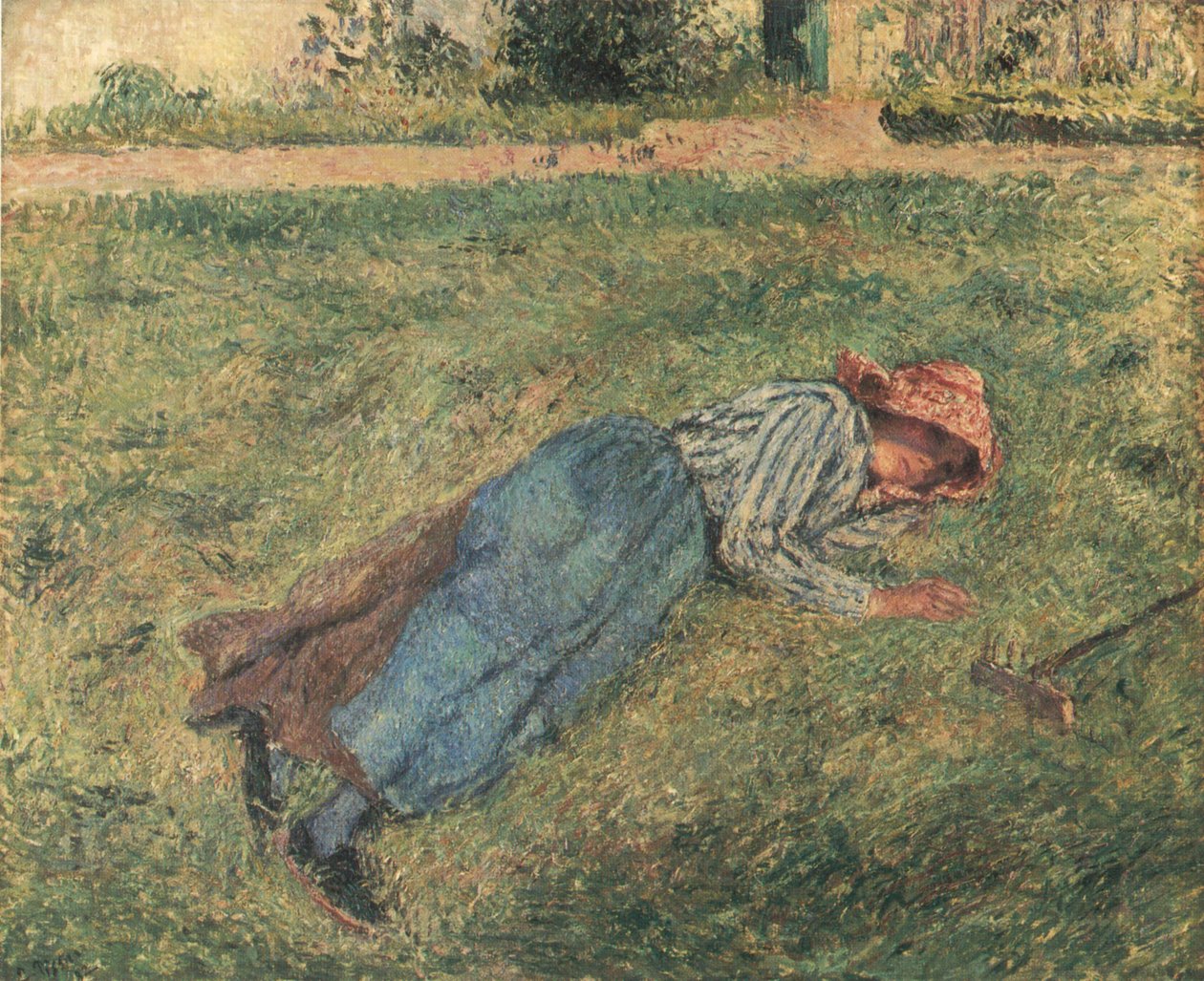 Le Repos, bondekone liggende i græsset, Pontoise af Camille Jacob Pissarro