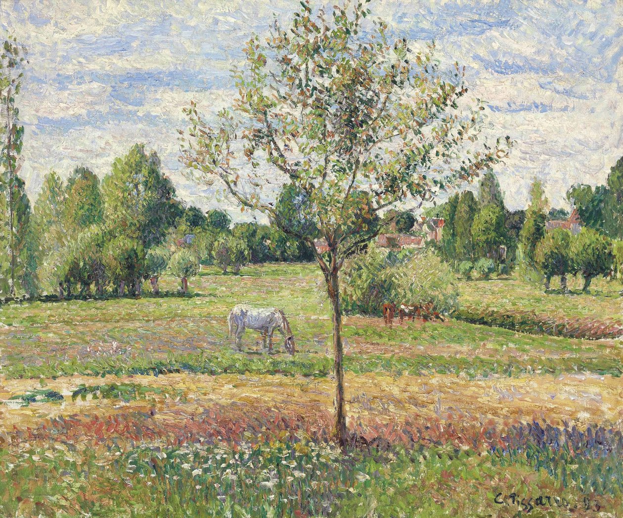 Engen med grå hest, Eragny af Camille Jacob Pissarro