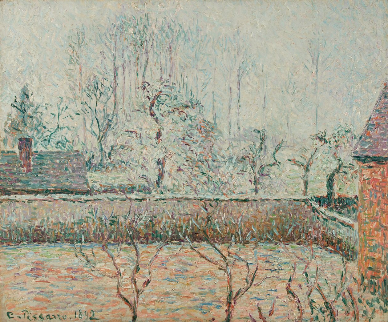 Landskab med huse og hegnmur, frost og tåge (1892) af Camille Jacob Pissarro