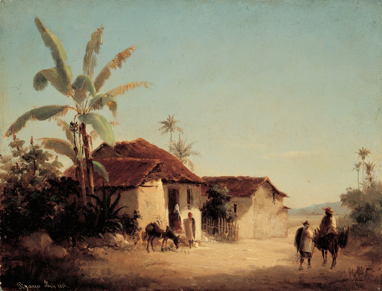 Landskab med hytter og palmer af Camille Jacob Pissarro