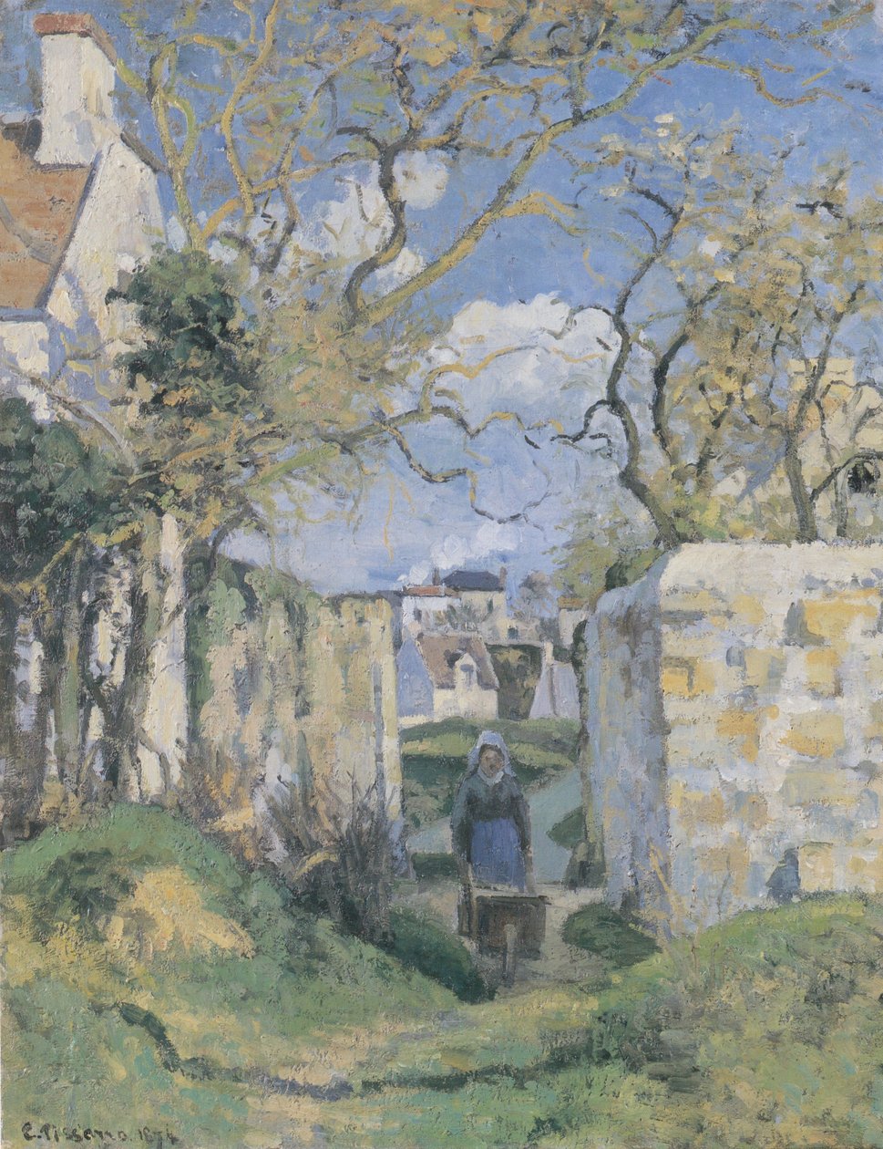 Bondekvinde skubber en græs, Maison Roudest, Pontoise af Camille Jacob Pissarro
