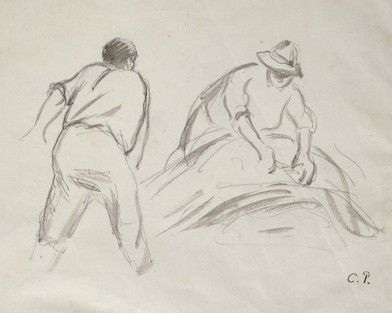 Undersøgelser af en mandlig og en kvindelig mejetærsker (grå vask over blyant på papir) af Camille Jacob Pissarro