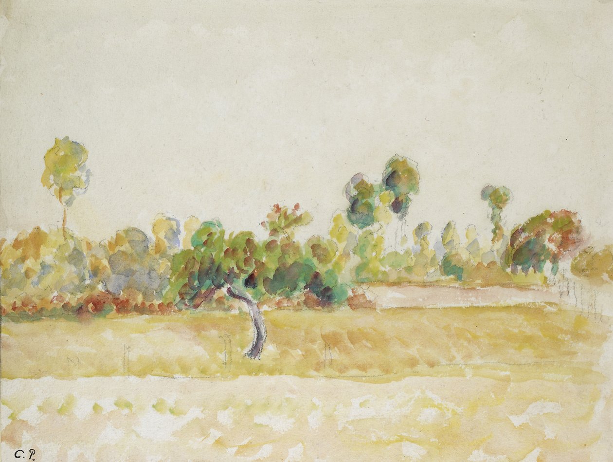 Studie af frugtplantagen ved Eragny-sur-Epte, set fra kunstnerens hus, ca. 1886 - 1890 (akvarel over sort kridt) af Camille Jacob Pissarro