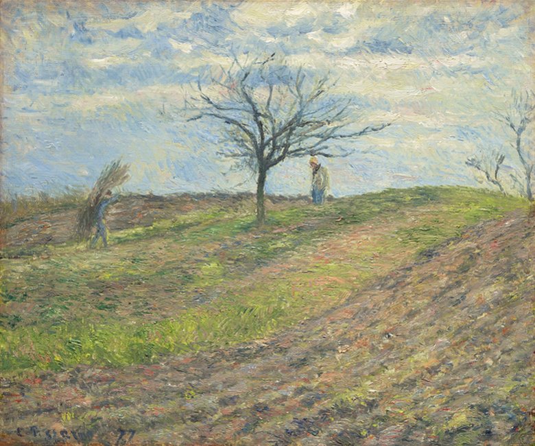 Pløjede land om vinteren, med en mand med et bundt 484 af Camille Jacob Pissarro