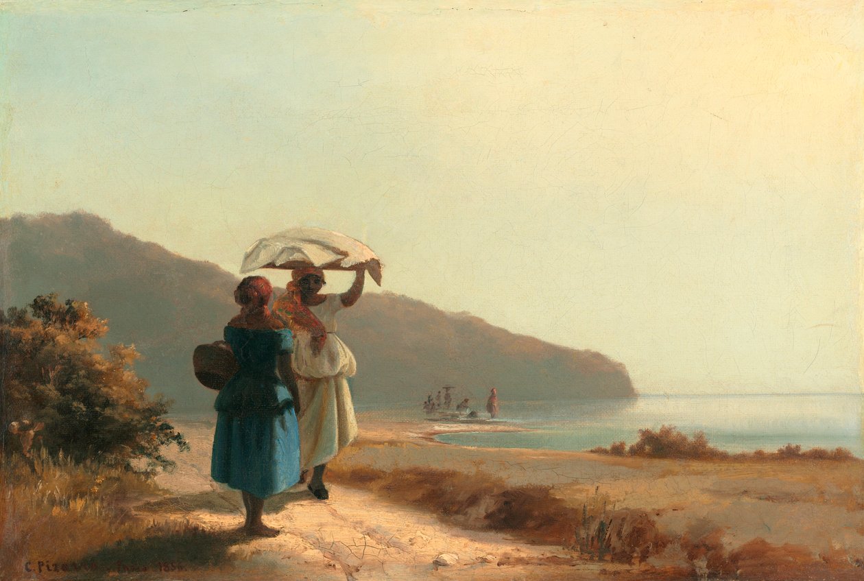 To kvinder, der chatter ved havet af Camille Jacob Pissarro