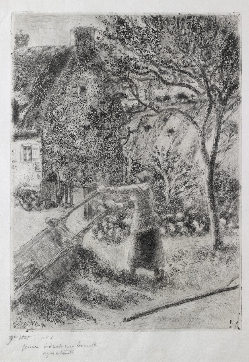 Kvinde tømmer en trillebør, 1880 (tørpunkt, akvatint, sandpapir og åben bid ætsning) af Camille Jacob Pissarro
