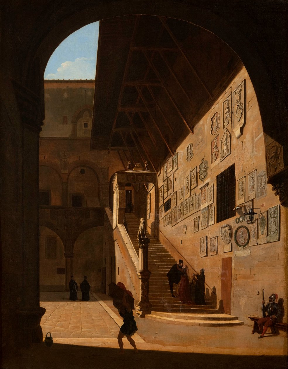Indvendigt billede af Republikkens gamle palads i Firenze (nu Palazzo del Popolo eller Bargello) 1822 af Camille Marie Bonnard