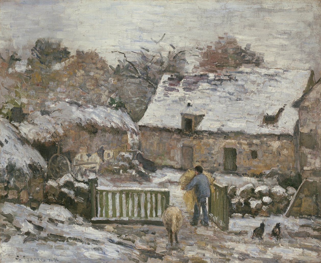 A Farm at Montfoucault: Effect of Snow, 1876 af Camille Jacob Pissarro