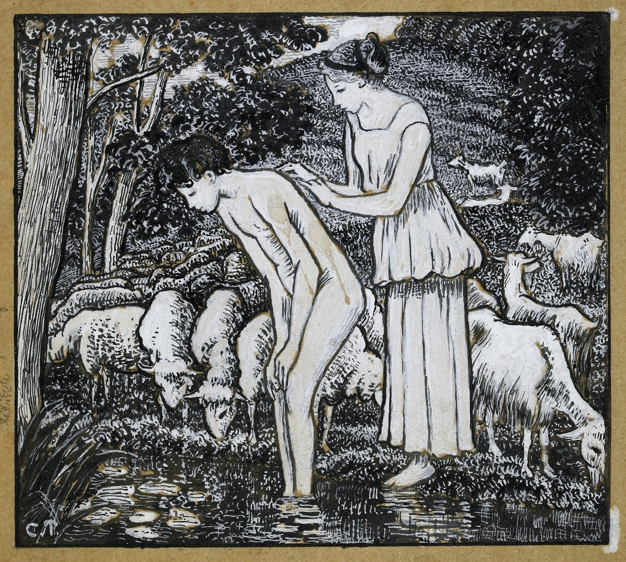 Chloë vasker Daphnis ved en bæk, kompositionsstudie til en illustration til "Daphnis og Chloë", ca. 1895 (pen og tusch over blyant med kinesisk hvidt på kalkerpapir) af Camille Jacob Pissarro
