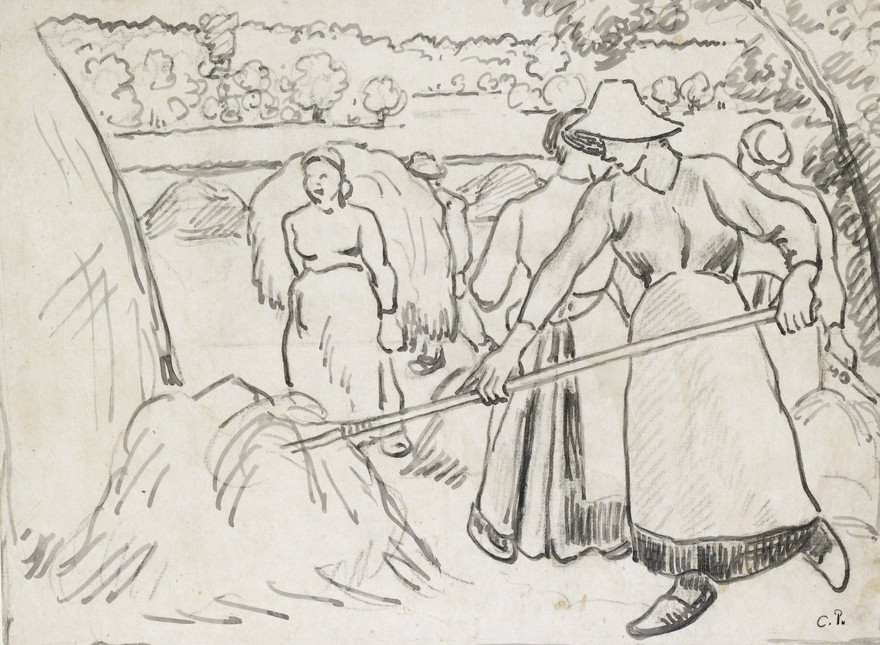 Kompositionsstudie af mejetærskere i et landskab, ca. 1893 (pen og mørkt blæk over sort kridt, svagt firkantet med sort kridt) af Camille Jacob Pissarro