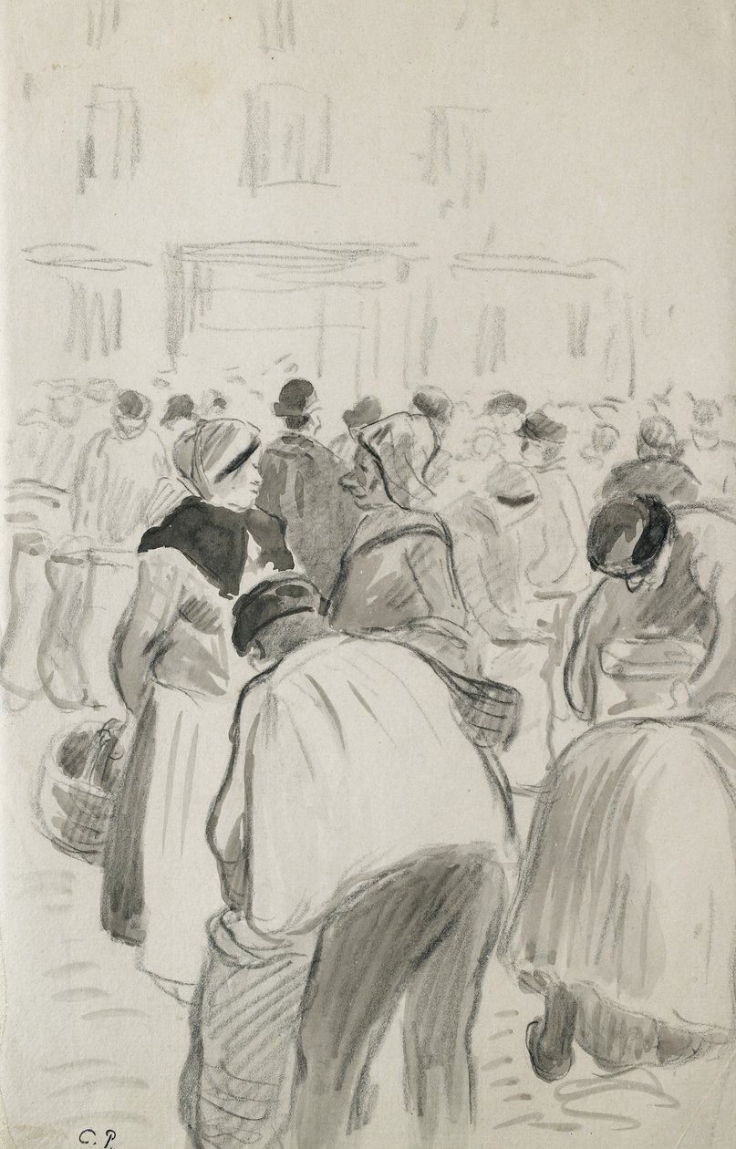 Kompositionsundersøgelse af markedet i Pontoise, 1881 (sort kridt og grå vaske) af Camille Jacob Pissarro